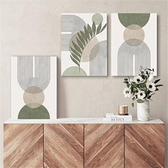 Sage Green Boho Wall Art Set of 3, Minimalist Framed Wall Art Geometric Line - Picture 3 of 8